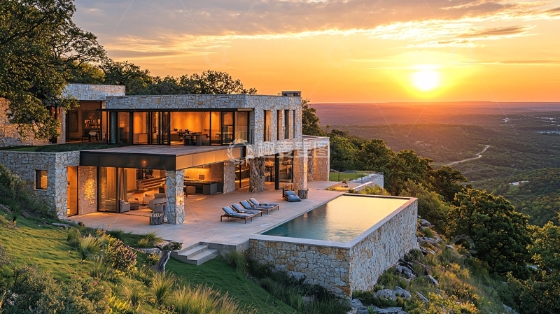 高清大图下载【趣麦麦图】山顶豪宅日落美景