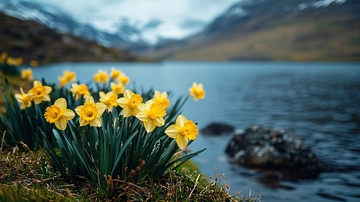 湖边盛开的黄色水仙花