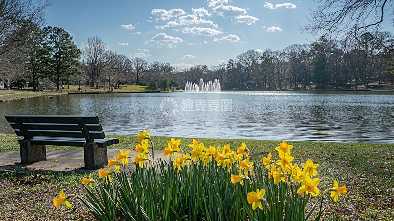 高清大图下载【趣麦麦图】公园长椅旁盛开的黄水仙