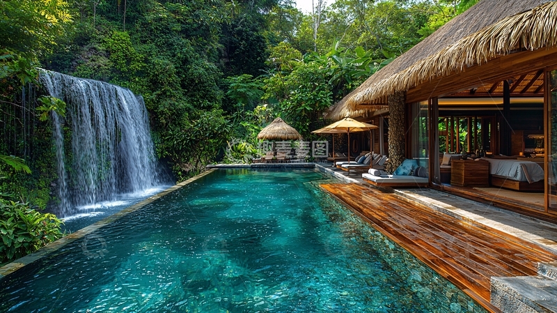 高清大图下载【趣麦麦图】瀑布泳池别墅