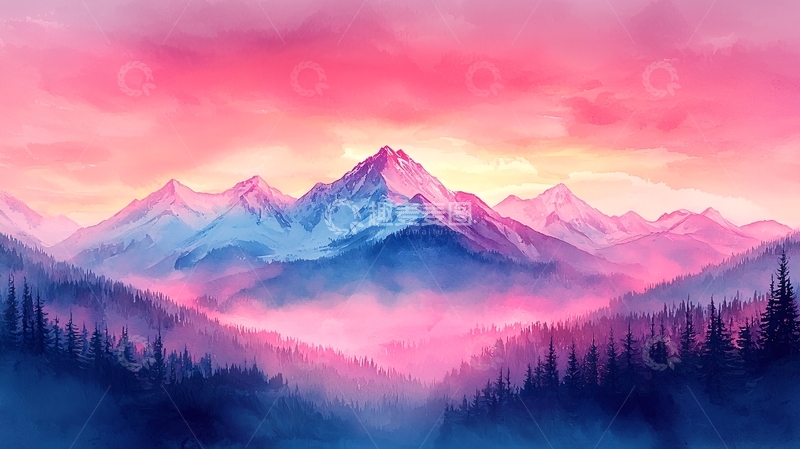 高清大图下载【趣麦麦图】粉红梦幻山脉日出景色