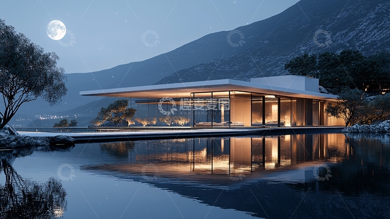 高清大图下载【趣麦麦图】现代简约山景别墅夜景