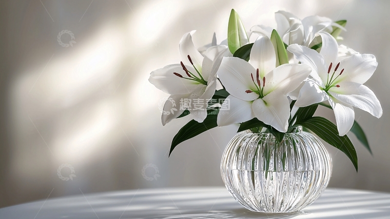 高清大图下载【趣麦麦图】阳光下纯白百合花束