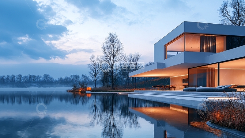 高清大图下载【趣麦麦图】湖边现代别墅夜景