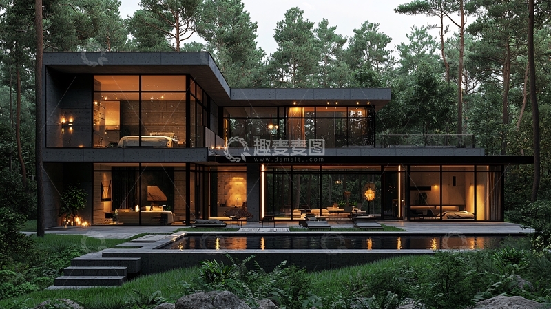 高清大图下载【趣麦麦图】现代森林别墅夜景