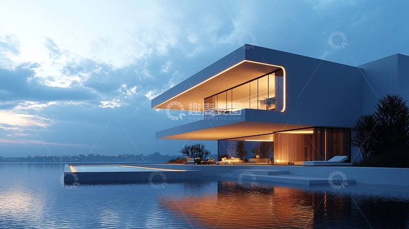 高清大图下载【趣麦麦图】现代简约湖景别墅夜景