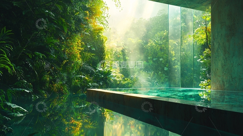 高清大图下载【趣麦麦图】绿植环绕的室内泳池