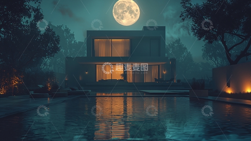 高清大图下载【趣麦麦图】月光下的现代别墅