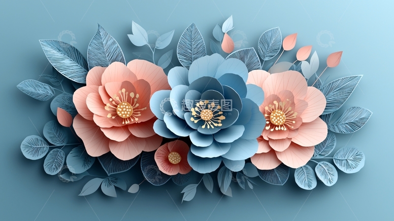高清大图下载【趣麦麦图】蓝粉纸艺花朵背景图