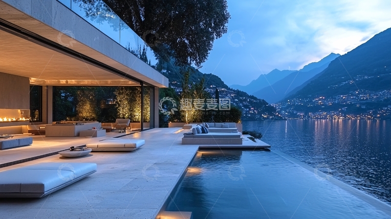 高清大图下载【趣麦麦图】湖景别墅夜景