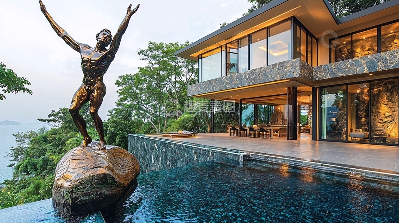 高清大图下载【趣麦麦图】海边别墅雕塑泳池