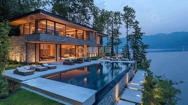 高清大图下载【趣麦麦图】湖边现代别墅夜景