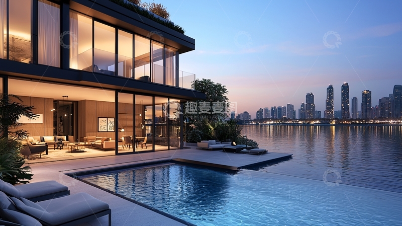 高清大图下载【趣麦麦图】现代滨水豪宅夜景