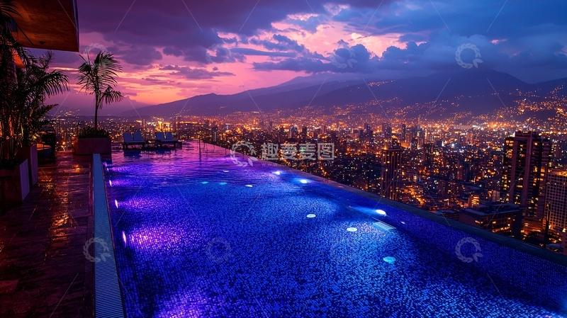 高清大图下载【趣麦麦图】高空无边泳池夜景