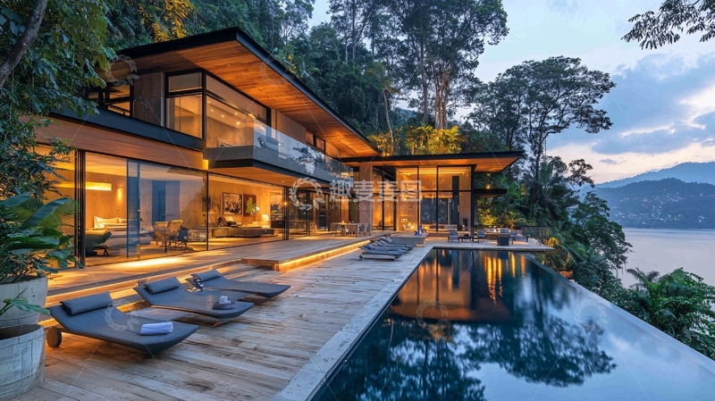 高清大图下载【趣麦麦图】山崖边现代风格别墅夜景