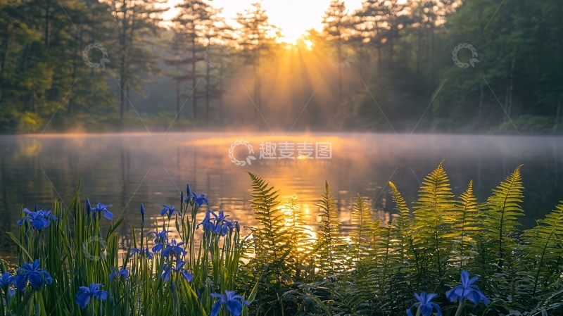清晨森林湖泊日出