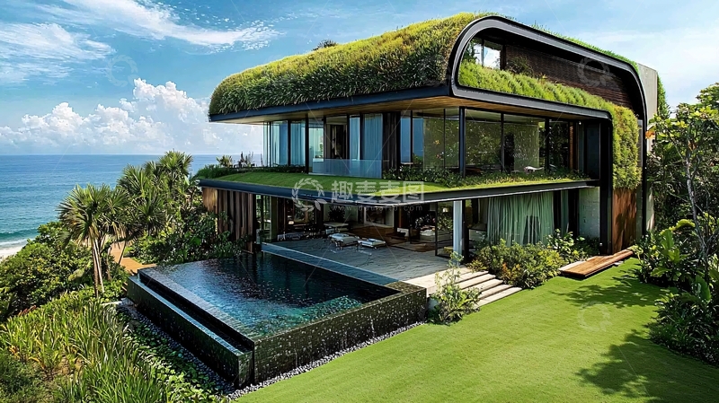 高清大图下载【趣麦麦图】海边绿色屋顶别墅