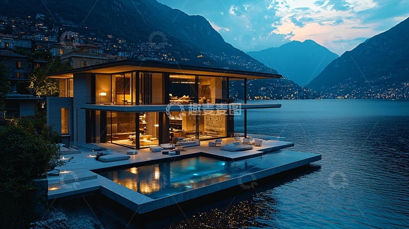 高清大图下载【趣麦麦图】湖边现代别墅夜景