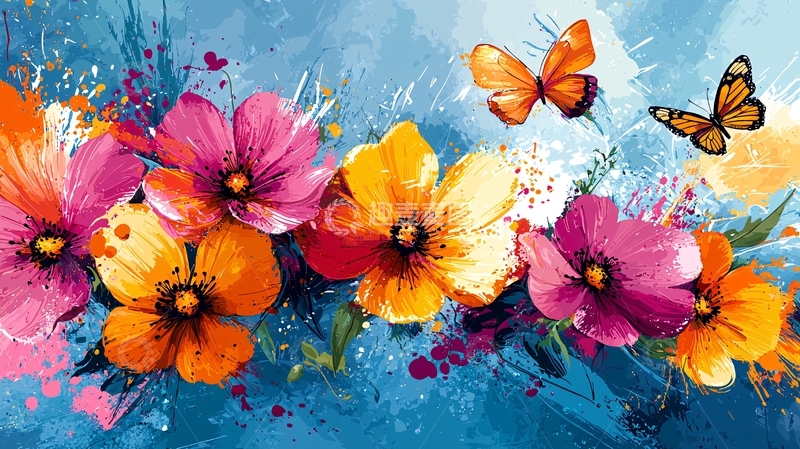 高清大图下载【趣麦麦图】抽象花卉蝴蝶