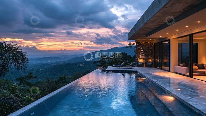 高清大图下载【趣麦麦图】山景别墅无边泳池落日