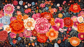 黑底彩色繁花图案