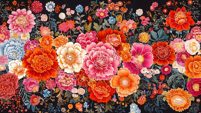 高清大图下载【趣麦麦图】黑底彩色繁花图案