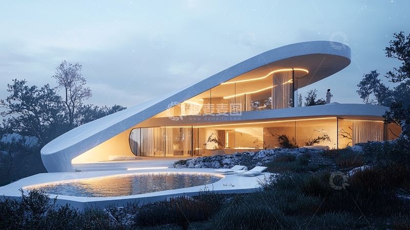 高清大图下载【趣麦麦图】现代流线型别墅夜景