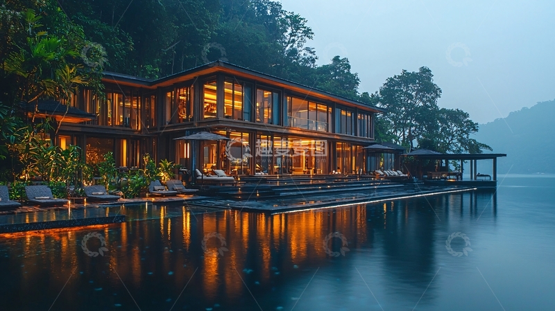 高清大图下载【趣麦麦图】湖边木质别墅夜景
