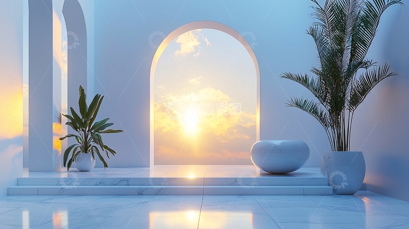 高清大图下载【趣麦麦图】极简白色拱门日落景观