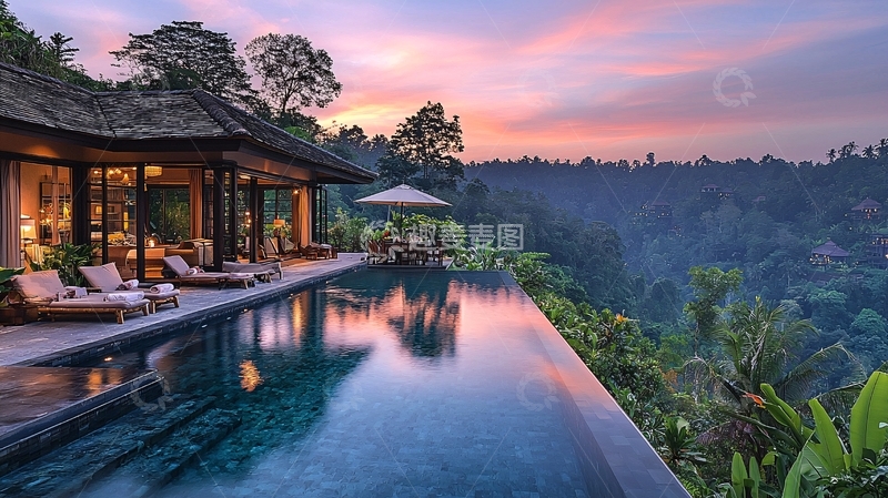 高清大图下载【趣麦麦图】巴厘岛别墅泳池日落景色