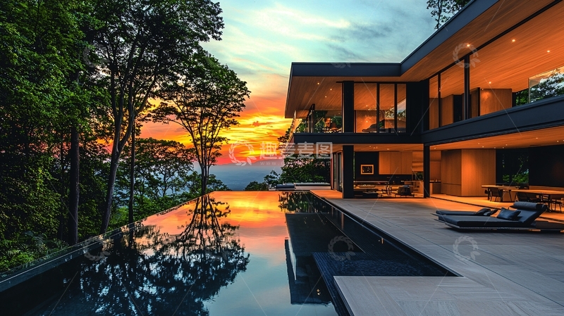 高清大图下载【趣麦麦图】山顶别墅落日余晖倒影