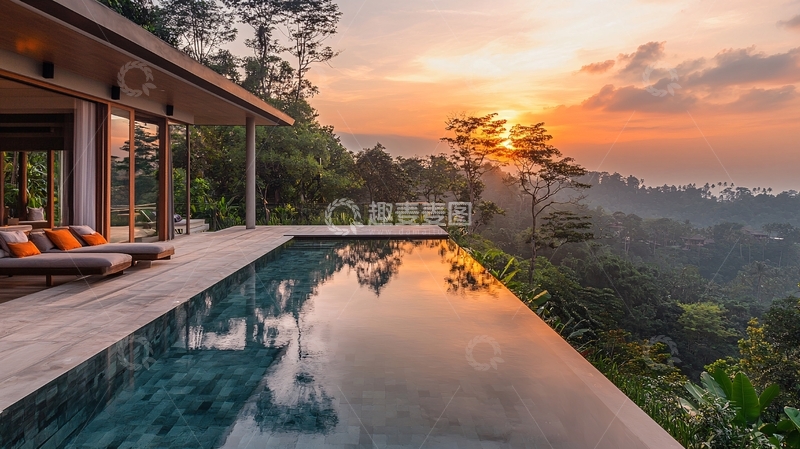 高清大图下载【趣麦麦图】山顶无边泳池落日景色