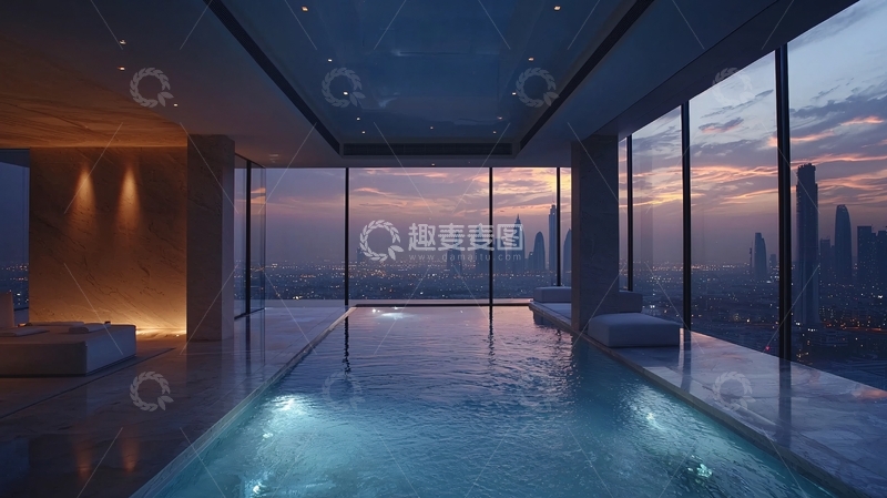 高清大图下载【趣麦麦图】高层公寓室内泳池夜景