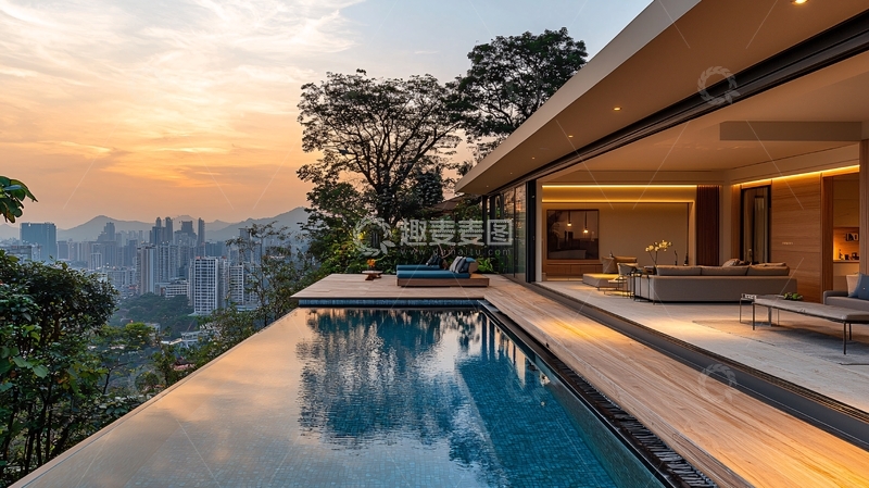 高清大图下载【趣麦麦图】山顶别墅泳池落日景色