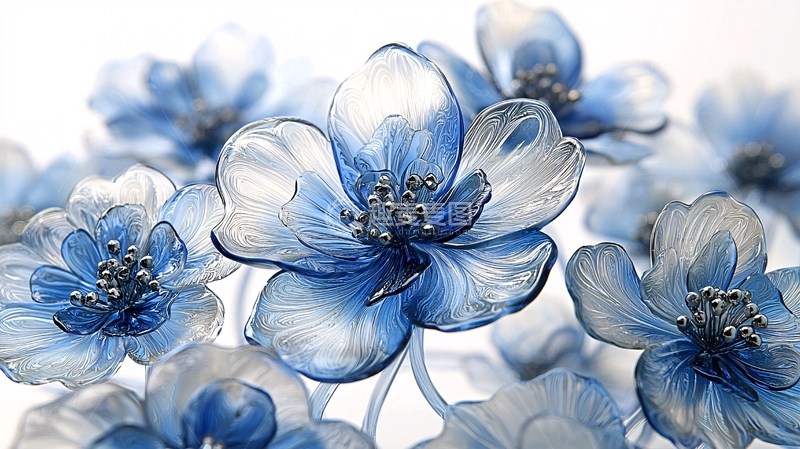 高清大图下载【趣麦麦图】蓝白透明玻璃花