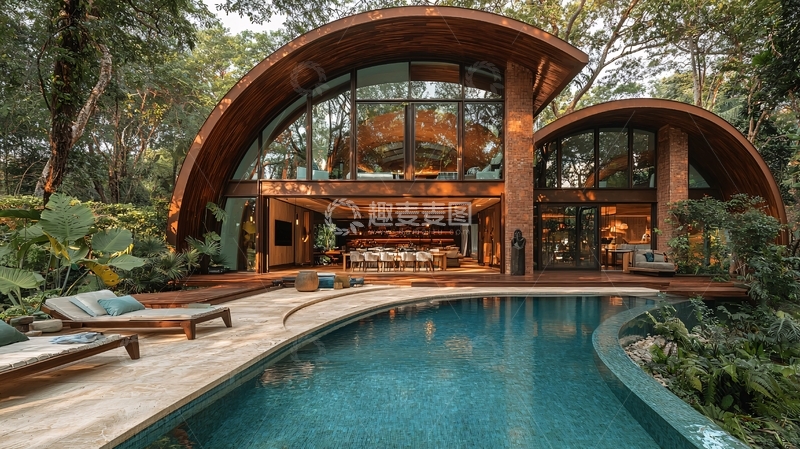 高清大图下载【趣麦麦图】森林环抱的弧形木屋泳池别墅
