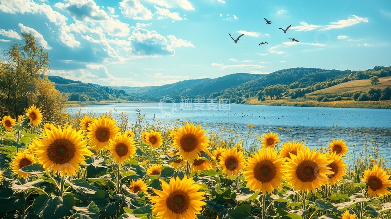 高清大图下载【趣麦麦图】向日葵田边平静湖泊