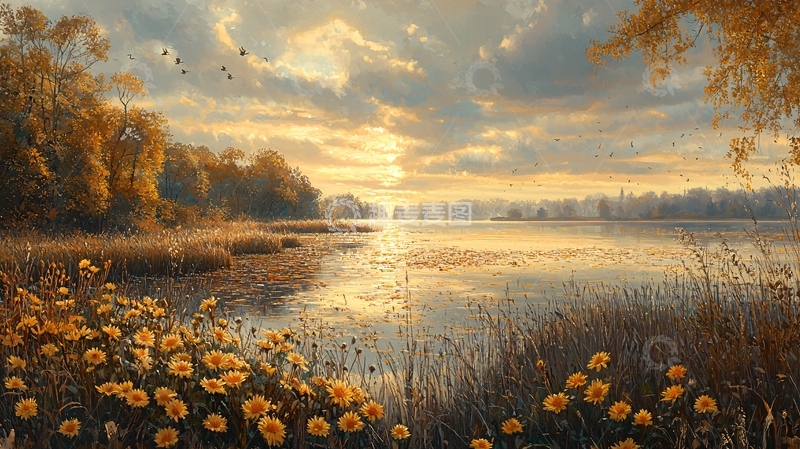 高清大图下载【趣麦麦图】秋日湖边落日余晖