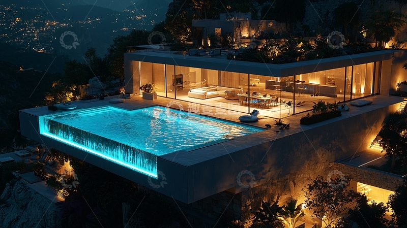 高清大图下载【趣麦麦图】山崖上的现代别墅夜景