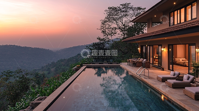 高清大图下载【趣麦麦图】山景泳池别墅落日