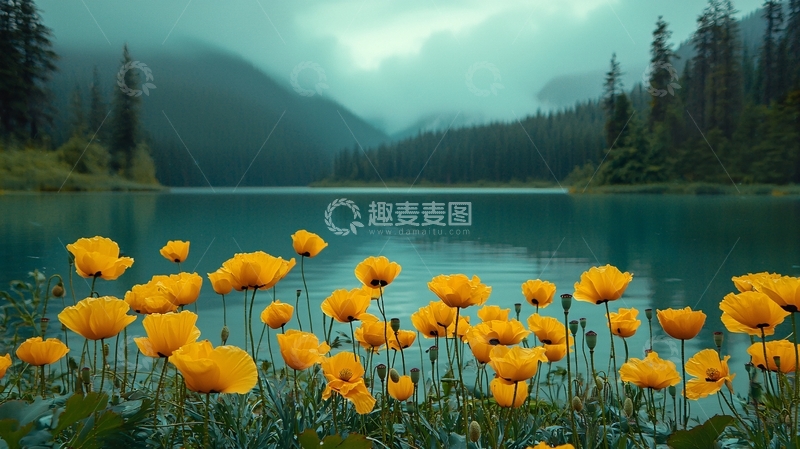 高清大图下载【趣麦麦图】雾气朦胧山湖野花