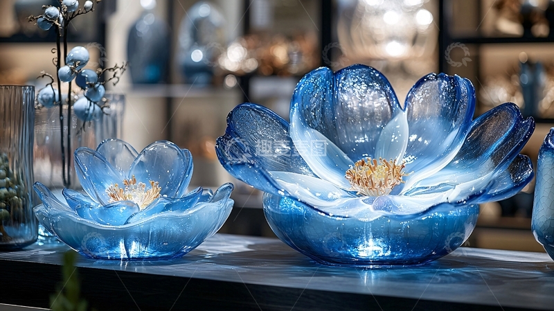 高清大图下载【趣麦麦图】蓝色莲花状玻璃器皿
