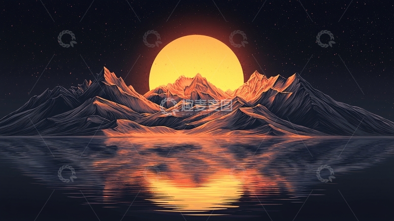 高清大图下载【趣麦麦图】极简风格山脉日落