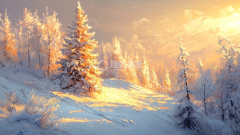 高清大图下载【趣麦麦图】冬日雪景森林日出
