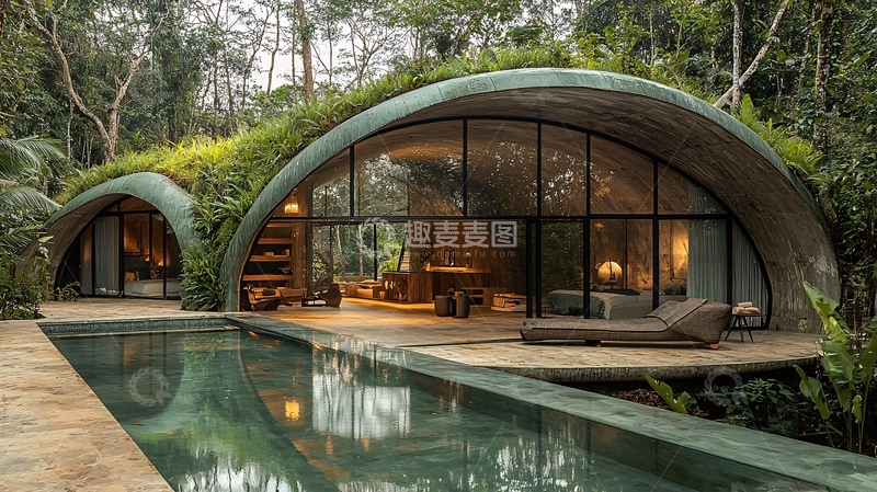 高清大图下载【趣麦麦图】绿植环绕的弧形生态别墅