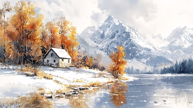 高清大图下载【趣麦麦图】雪山小屋湖边秋景