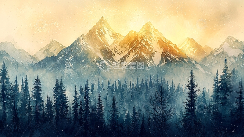 高清大图下载【趣麦麦图】日出雪山森林景色