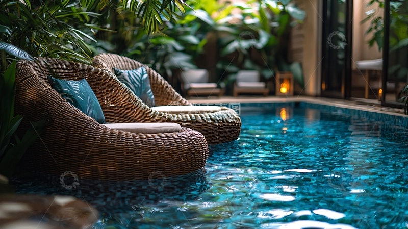 高清大图下载【趣麦麦图】泳池边藤椅休闲区