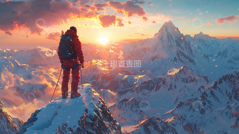高清大图下载【趣麦麦图】登山者日出雪山