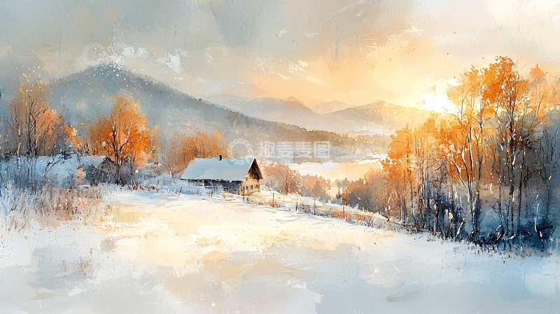 高清大图下载【趣麦麦图】冬季雪景山村日落